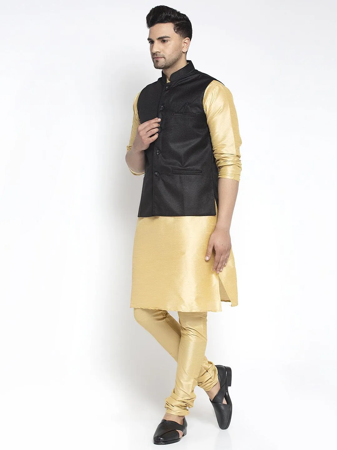 Men's Silk Blend Gold Kurta With Pyjama & Black Nehru Jacket - Benstoke