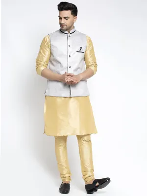 Men's Silk Blend Gold Kurta With Pyjama & Grey Nehru Jacket - Benstoke