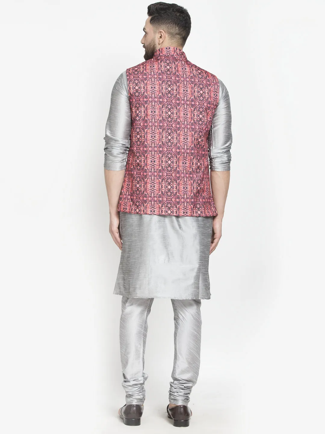 Men's Silk Blend Grey Kurta With Pyjama & Coral Printed Nehru Jacket - Benstoke