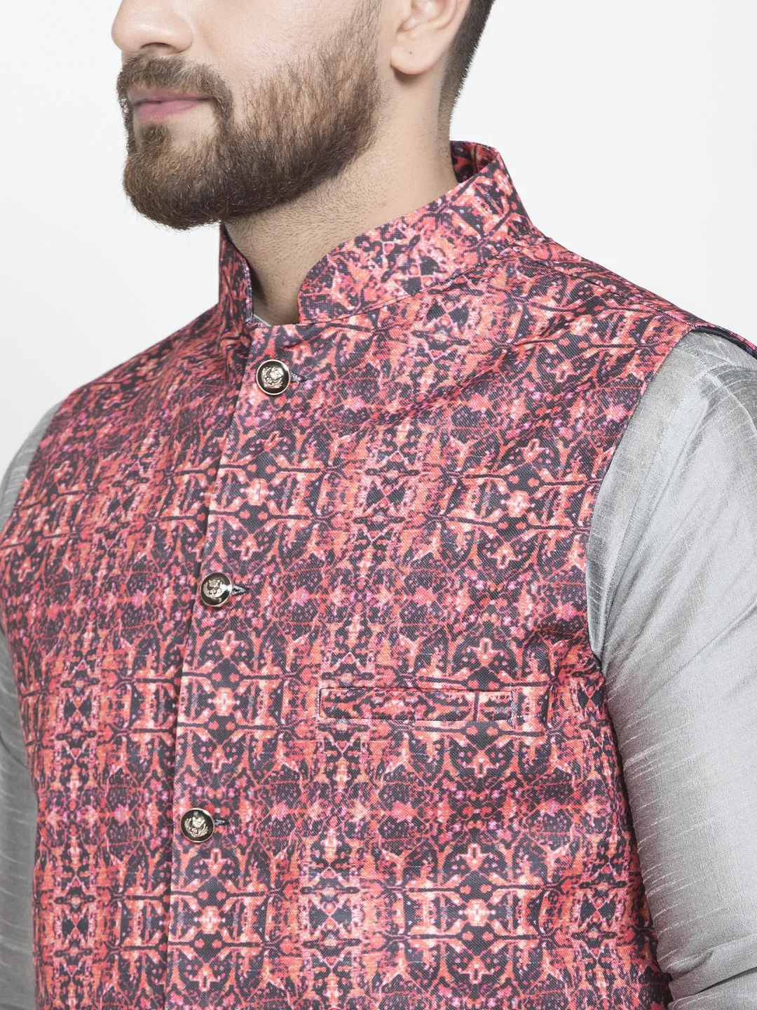 Men's Silk Blend Grey Kurta With Pyjama & Coral Printed Nehru Jacket - Benstoke