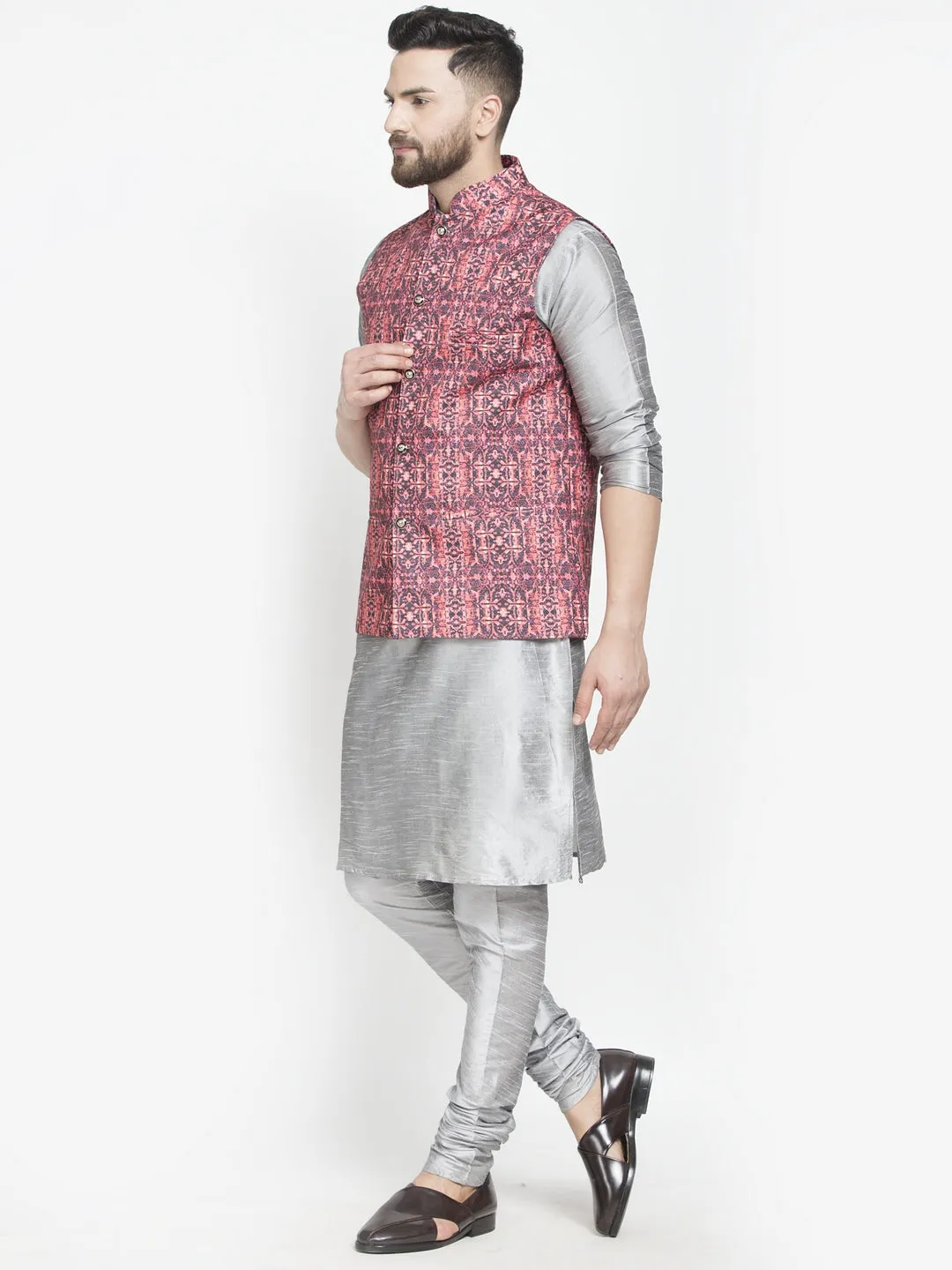 Men's Silk Blend Grey Kurta With Pyjama & Coral Printed Nehru Jacket - Benstoke