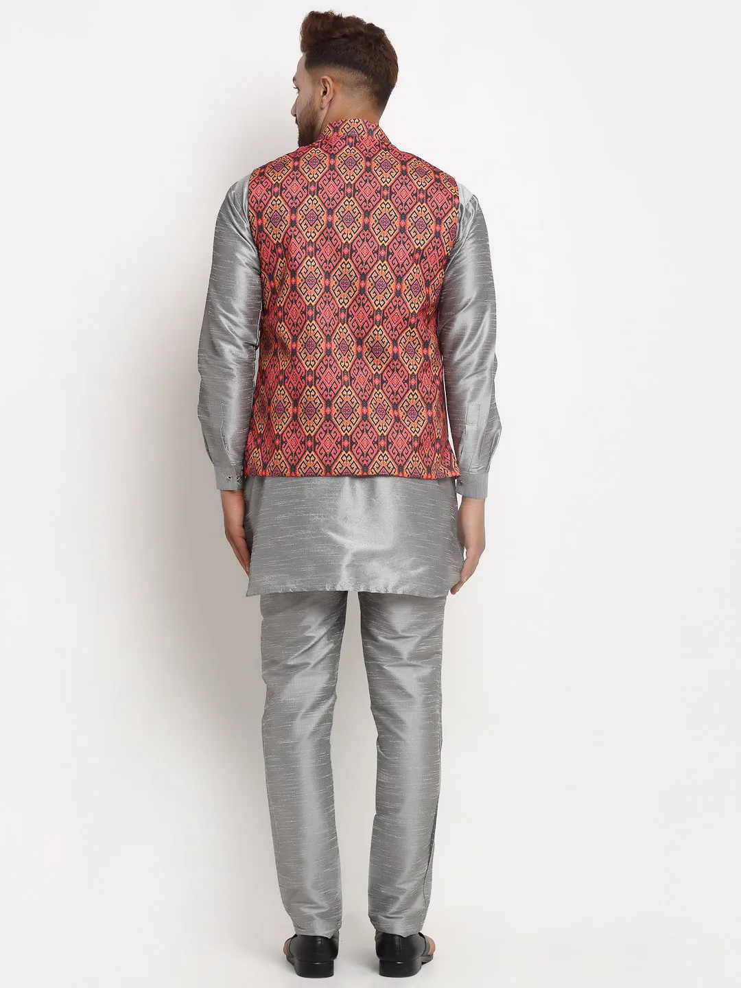 Men's Silk Blend Grey Kurta With Pyjama & Rust Printed Nehru Jacket - Benstoke