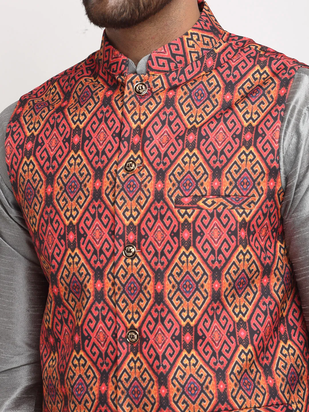 Men's Silk Blend Grey Kurta With Pyjama & Rust Printed Nehru Jacket - Benstoke