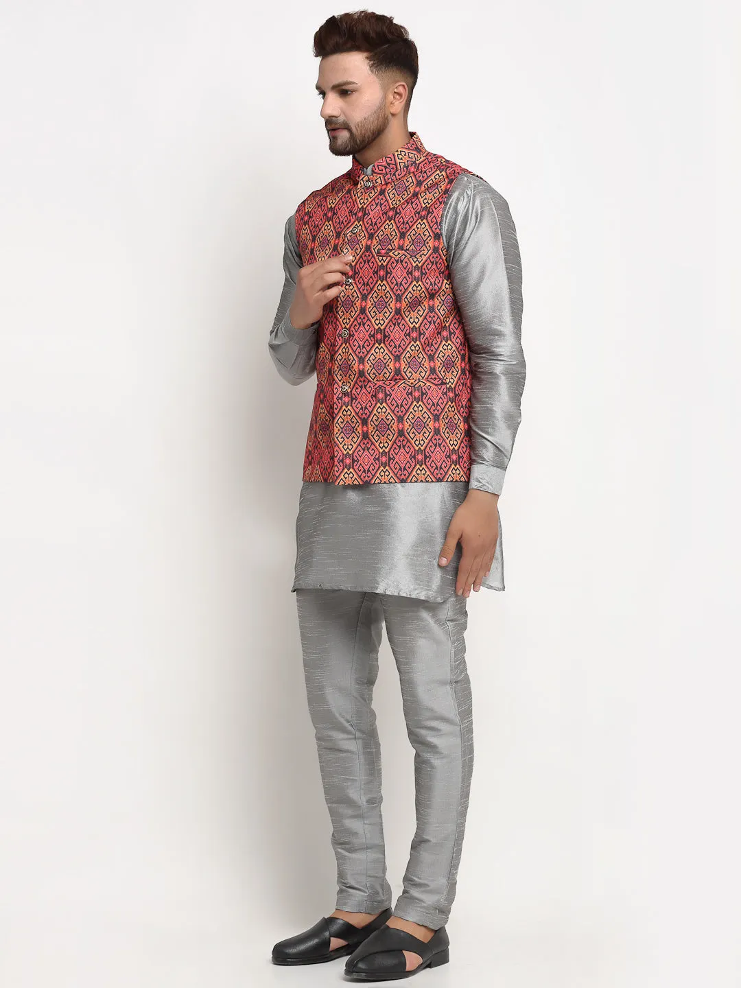 Men's Silk Blend Grey Kurta With Pyjama & Rust Printed Nehru Jacket - Benstoke