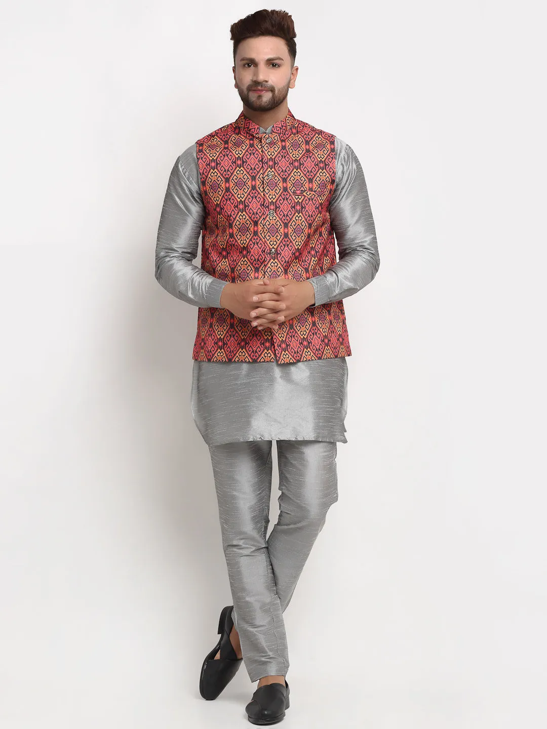 Men's Silk Blend Grey Kurta With Pyjama & Rust Printed Nehru Jacket - Benstoke