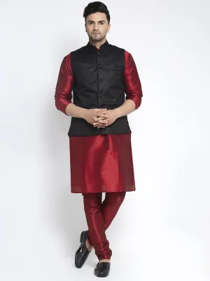 Men's Silk Blend Maroon Kurta With Pyjama & Black Nehru Jacket - Benstoke