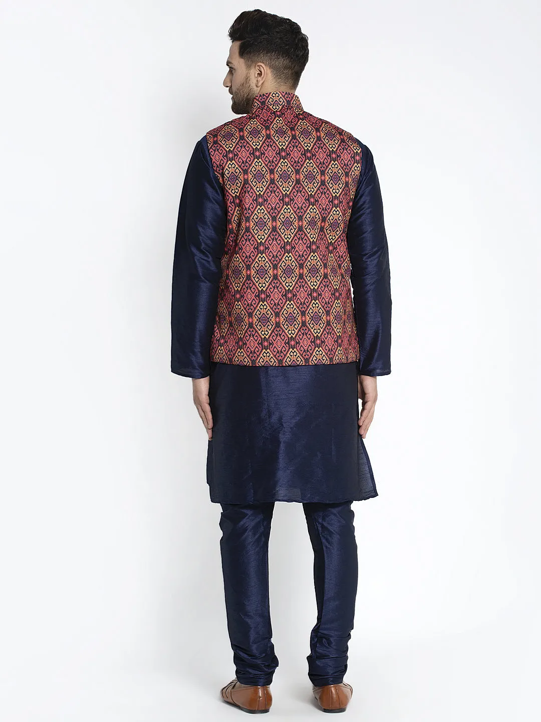 Men's Silk Blend Navy Blue Kurta With Pyjama & Rust Printed Nehru Jacket - Benstoke