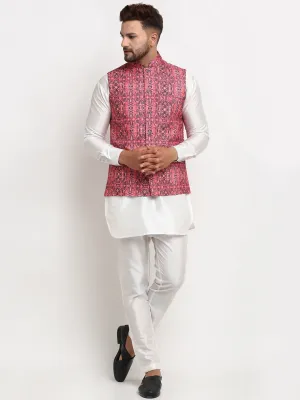 Men's Silk Blend White Kurta With Pyjama & Coral Red Printed Nehru Jacket - Benstoke