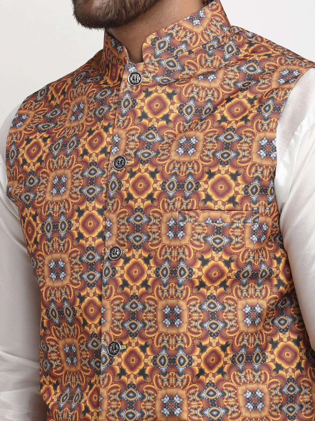 Men's Silk Blend White Kurta With Pyjama & Mustard Printed Nehru Jacket - Benstoke