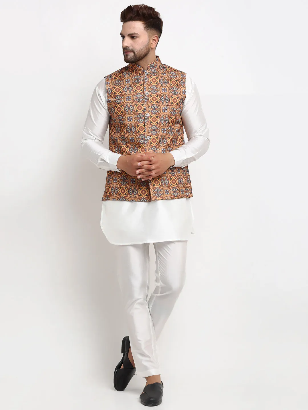 Men's Silk Blend White Kurta With Pyjama & Mustard Printed Nehru Jacket - Benstoke