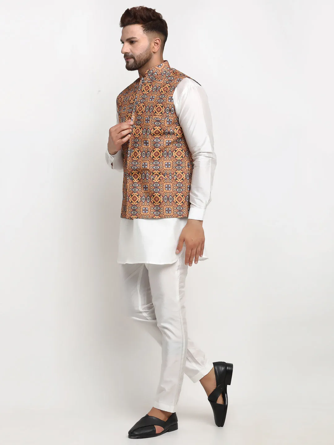 Men's Silk Blend White Kurta With Pyjama & Mustard Printed Nehru Jacket - Benstoke