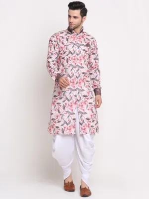 Men's White & Pink Printed Kurta With White Dhoti Pant - Benstoke