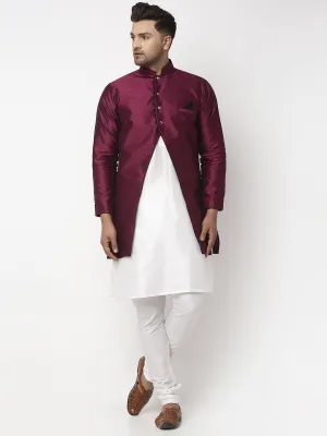 Men's White Kurta With Pyjama & Burgundy Self Design Jacket - Benstoke