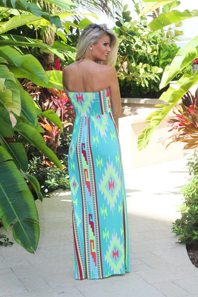 Mint Aztec Maxi Dress with Pockets