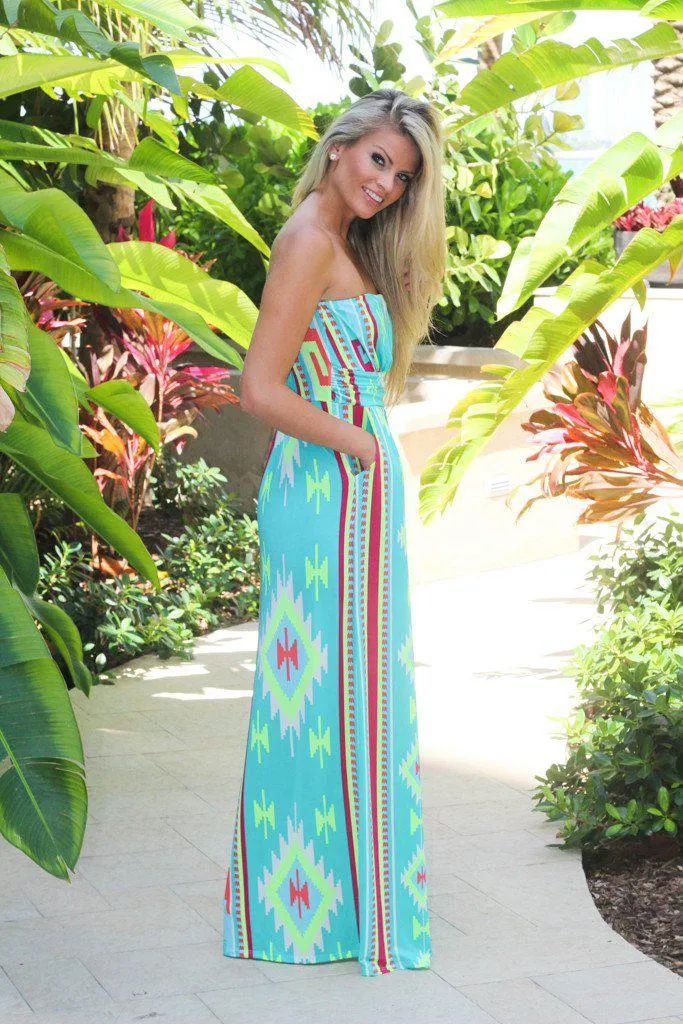 Mint Aztec Maxi Dress with Pockets