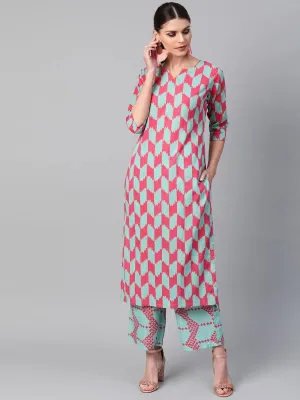 Multicoloured Printed Cotton Straight Kurta With Palazzos