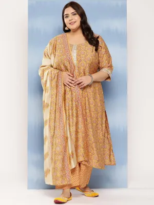 Mustard Printed Silk Blend Straight Kurta With Trousers and Dupatta