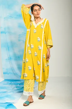 Nargis Mustard Yellow  Floral Printed Choga with Jaal Printed Palazzo - Set of 2