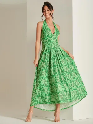 Plunge Neck Shirred Back Maxi Dress, Green Geo