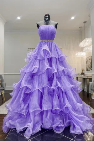 Purple Strapless Organza Long Prom Dress Princess Quinceanera Dresses