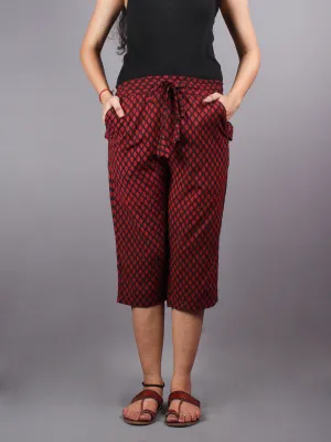 Red Hand Block Printed Elasticated Waist Capri - C0267027