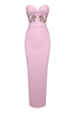 Refined Floral Rhinestone Beaded Sweetheart Strapless Evening Maxi Dress