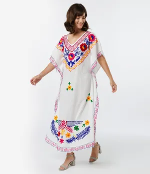 Retro Style White Embroidered Floral Caftan