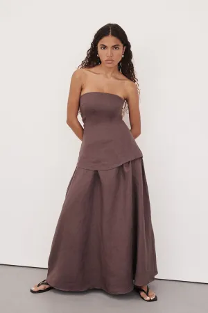 SASKIA CHOC LINEN STRAPLESS DRESS