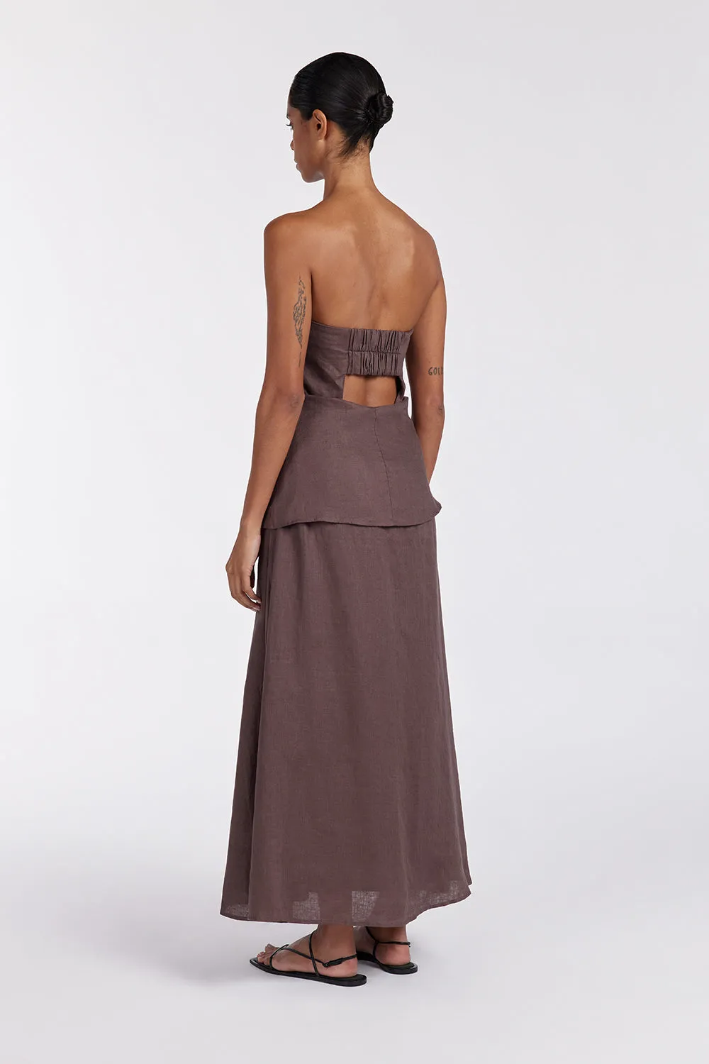 SASKIA CHOC LINEN STRAPLESS DRESS