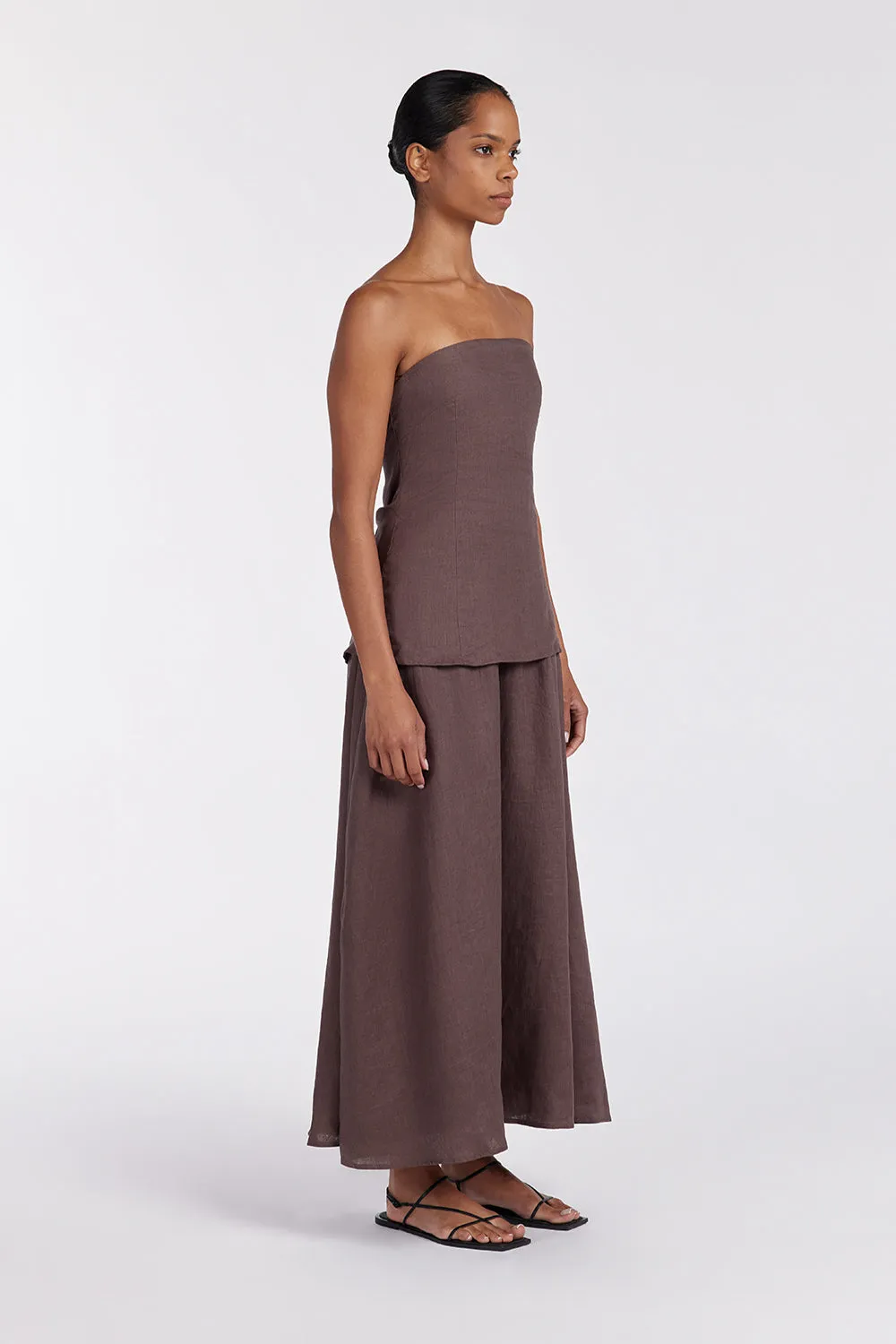 SASKIA CHOC LINEN STRAPLESS DRESS