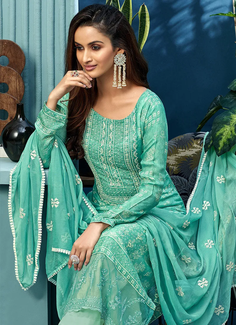 Sea Green Pearl Embroidered Palazzo Suit