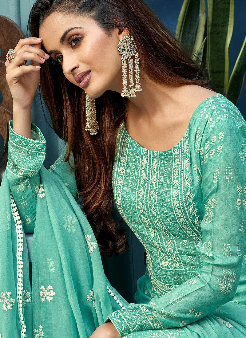 Sea Green Pearl Embroidered Palazzo Suit