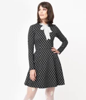 Smak Parlour Black & White Diamond Dotted Bow Flare Dress