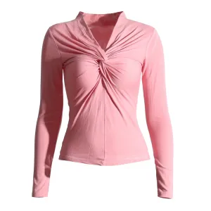 Solid Twist Front Casual Slimming T Shirts For Women V Neck Long Sleeve Minimalist Temperament T Shirt Female