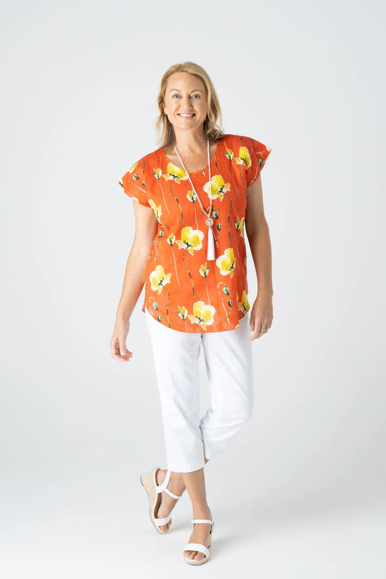 Tangerine Print Short Sleeve Non-Crush Jacquard Cotton Top