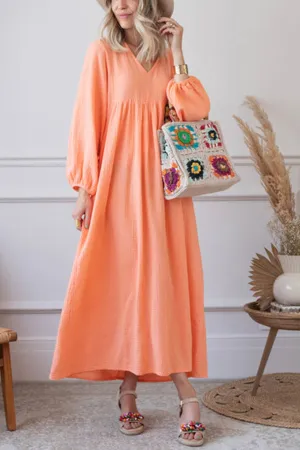 V Neck Lantern Sleeve Cotton Dress