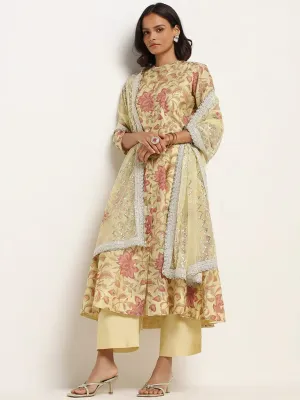 Vark Lemon Yellow Printed Cotton Blend Kurta with Inner, Palazzos and Dupatta Set