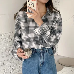 Vintage Plaid Women Shirt Autumn Large Size Long Sleeve Oversize Shirts Casual Loose Fall Korean Button Up Tops