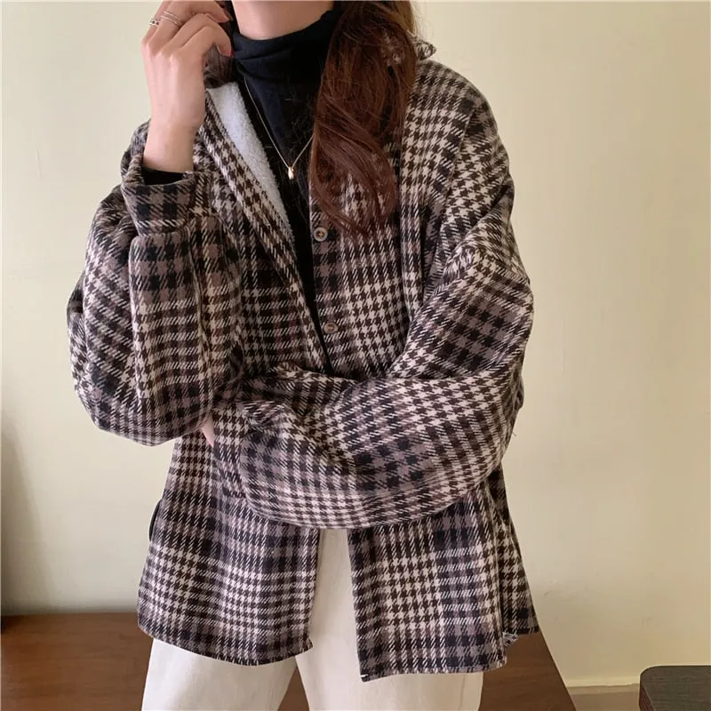 Warm Women Plaid Shirt Winter Thick Velvet Lining Loose Long Sleeve Ladies Blouse Turn Down Collar Vintage Blusas