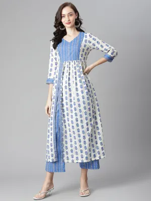 Women Off-White-Blue Cotton Printed Front Slit A-Line Kurta With Palazzo